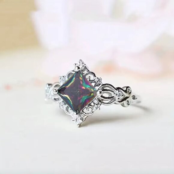 NEW 925 Sterling Silver Mystic Topaz Diamond Ring Princess Cut Ring - Picture 1 of 4